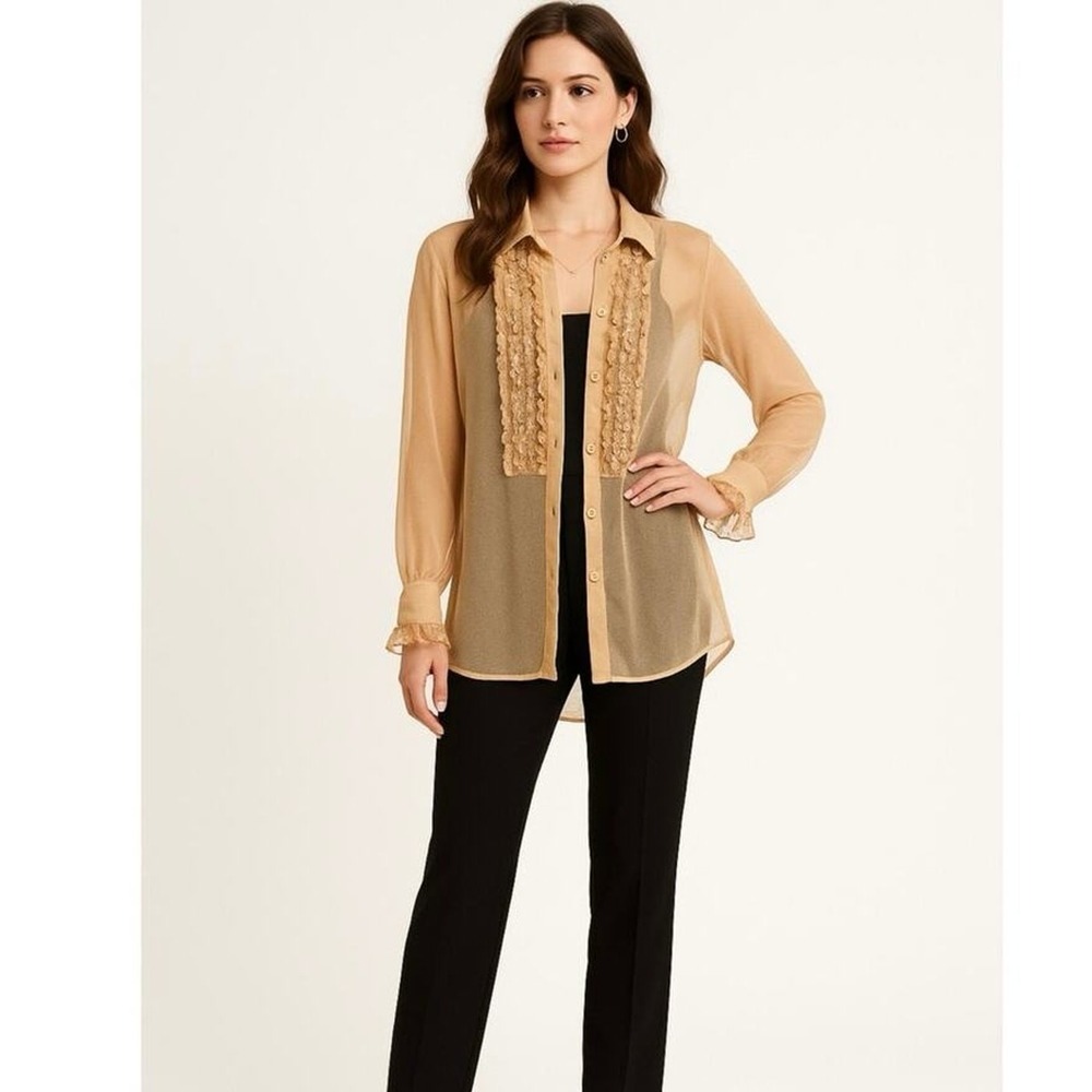 Blouse Womens Medium Sheer Tan Nude Overlay Beaded Button up Ruffle‎ Tunic